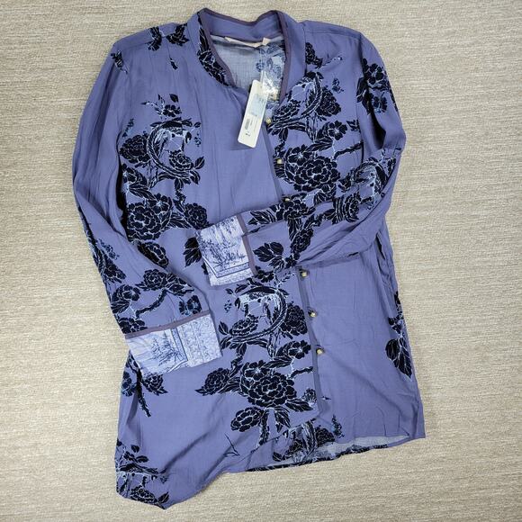 Soft Surroundings Tranquil Blooms Kimono Shirt XL Blue Floral Velvet Burnout New - Picture 13 of 14
